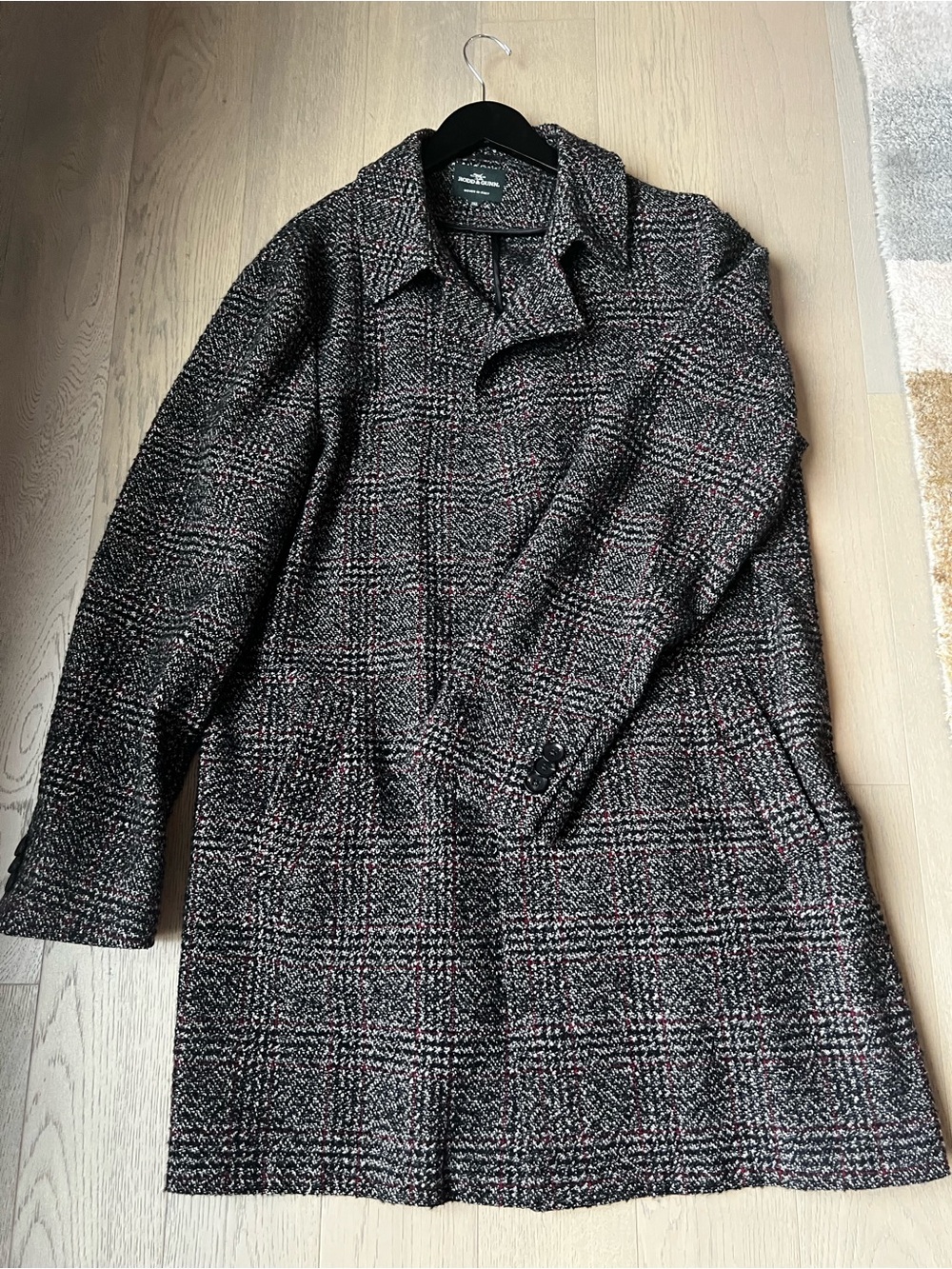 Rodd & Gunn Black and Gray Tweed Trench Coat with Subtle Red Check